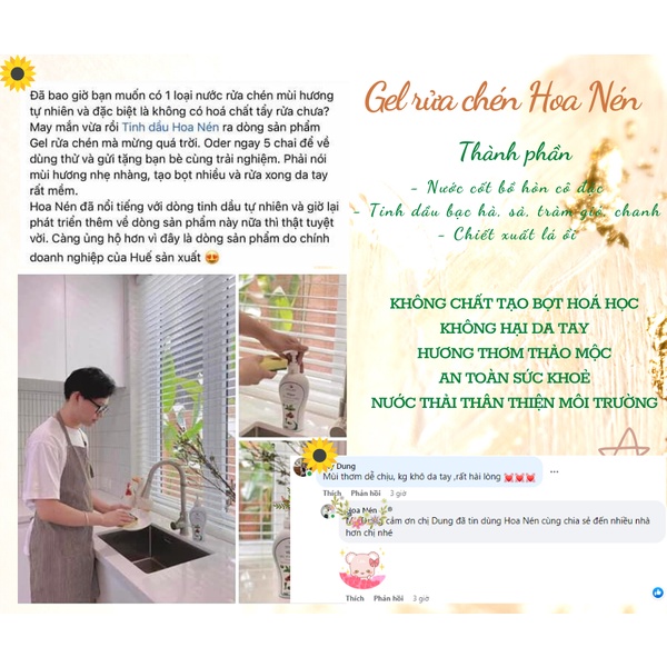 Nước rữa chén thiên nhiên Hoa Nén 550ml - Thành phần tự nhiên, không chất tẩy rữa - An toàn tuyệt đối cho da tay