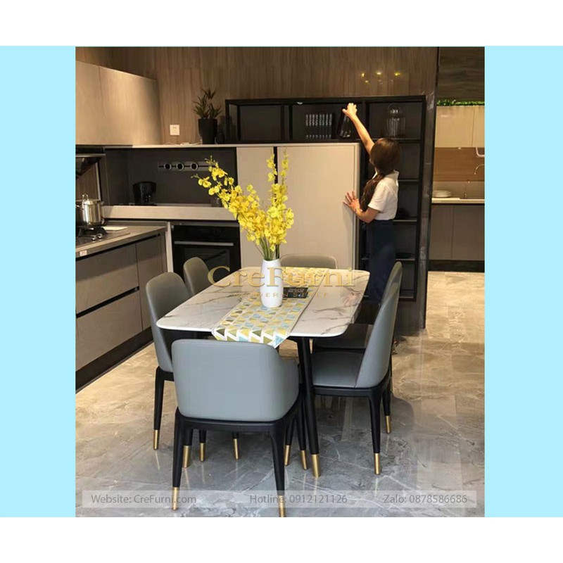 BÀN ĂN MẶT ĐÁ VÂN MÂY KHUNG HỢP KIM SƠN TĨNH ĐIỆN