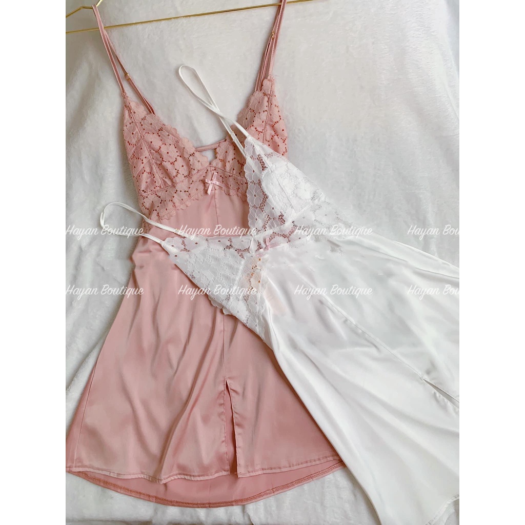 HT40 Váy ngủ sexy lụa phối ren hoa kèm ĐỆM LÓT, đồ ngủ 2 dây quyến rũ gợi cảm HT40