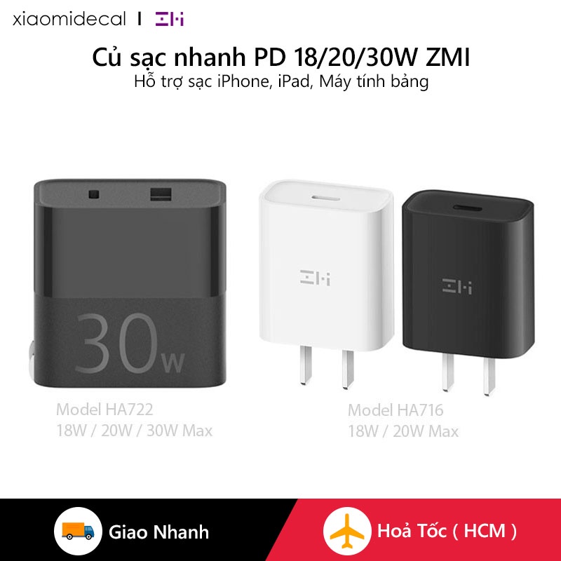 Củ sạc nhanh PD 30W / 20W / 18W ZMI, Hỗ trợ sạc iPhone 12 / 11 / 8 / iPad / Macbook / Máy tính xách tay, điện thoại