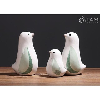 [CAO CẤP] Tượng chim gốm trắng cánh xanh lá Bắc Âu TCV-CHIM-02