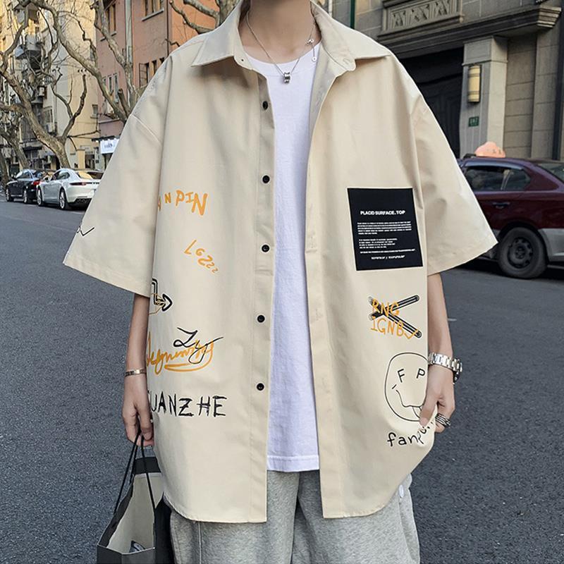 Áo Sơ Mi Tay Lửng Dáng Rộng In Họa Tiết Graffiti Phong Cách Hàn Quốc Thời Trang Mùa Hè Dành Cho Nam