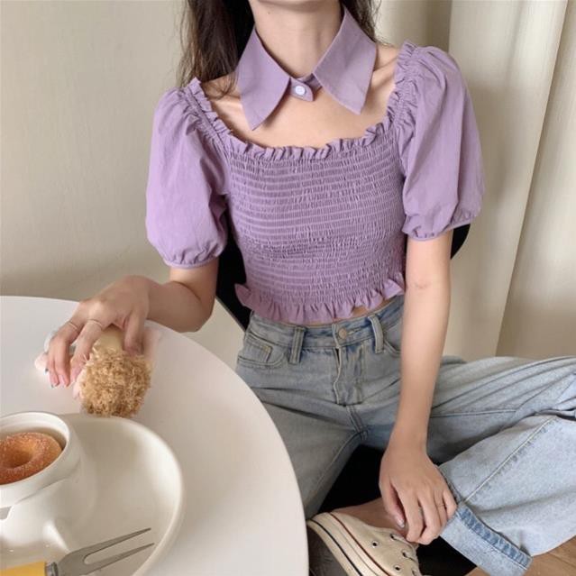 Áo Croptop Trễ Vai Tay Phồng Tặng Kèm Cổ Sơ Mi Hở Vai Ulzzang Trắng / Đen / Tím DRACR24