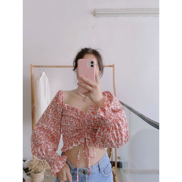Áo Croptop Cổ Vuông Vải Voan Hoa Ngọt Ngào Nữ Tính F11-1, áo crt hoa nhí