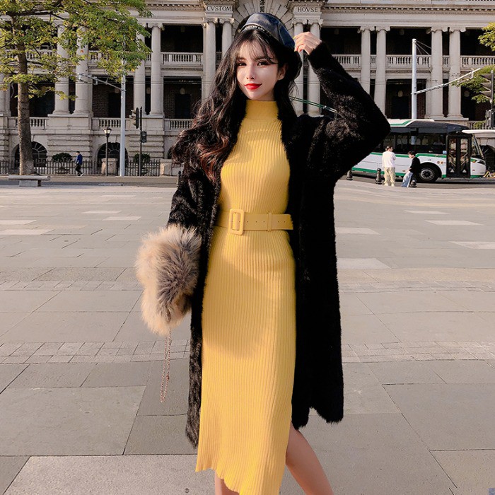 Set Đầm Xẻ Tà Và Áo Khoác Len Thời Trang Dành Cho Nữ