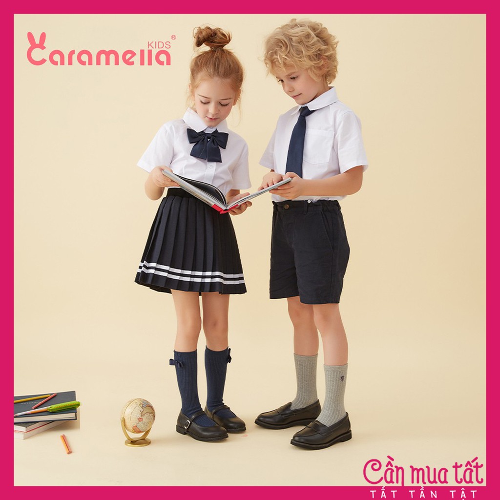 Tất học sinh phong cách Châu Âu gắn Nơ Caramella cho bé yêu, Vớ trẻ em mùa đông set 3 đôi kèm hộp hoặc túi zip xinh xắn