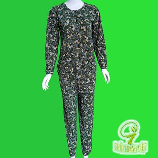 đồ bộ nữ trung niên đẹp- bà già, áo 2 túi cổ tròn, tay dài - màu lá