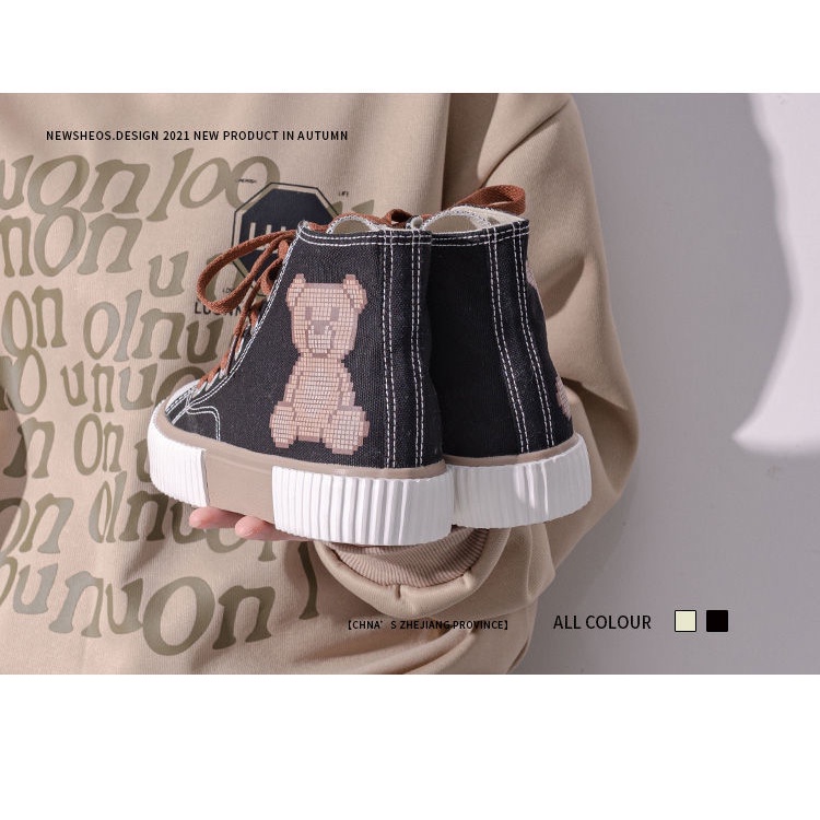 Giày Vải canvas Cổ Cao Thoải Mái In Họa Tiết Gấu Dễ Thương Cho Nữ