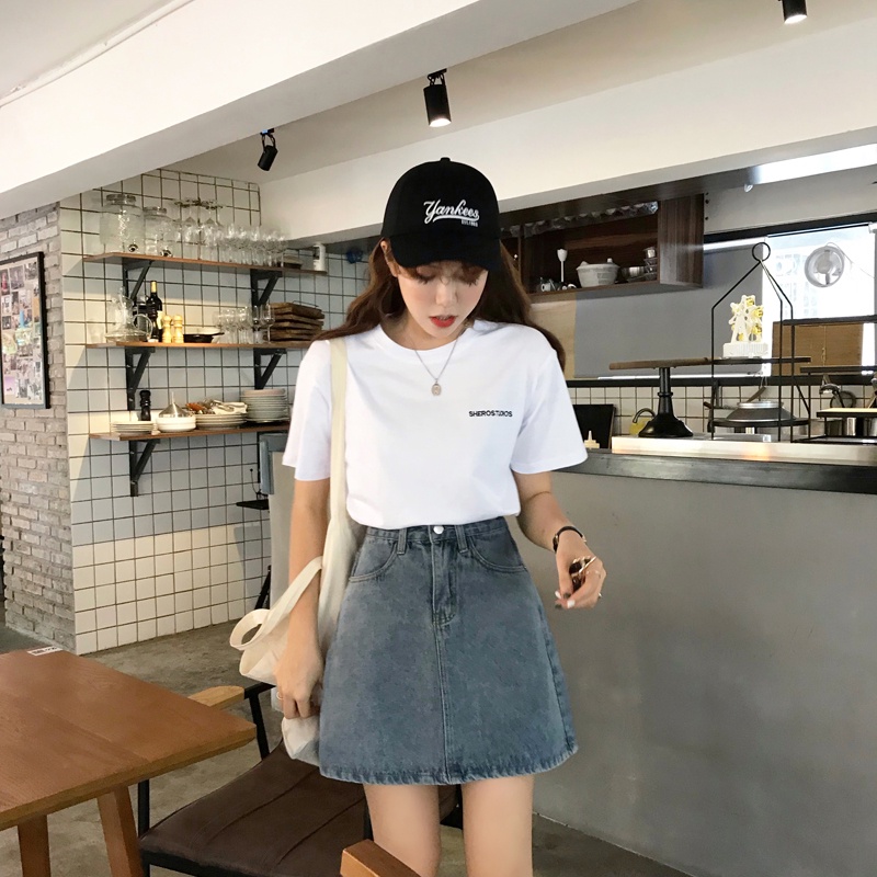 Chân váy jean denim ngắn chữ A Chân váy bò ngắn Lưng cao Hàn Quốc Thiết kế Retro Vintage Thời trang