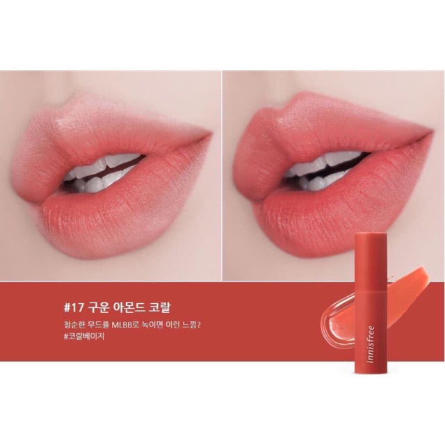 NEW 2019 – SON TINT LÌ KHÔNG KHÔ MÔI  INNISFREE VIVID COTTON INK #17 Màu HỒNG SAN HÔ