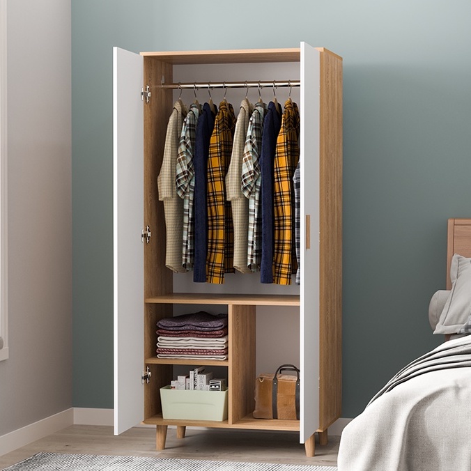 Tủ quần áo gỗ 2 cánh kết hợp treo và ngăn tiện lợi, tủ quần áo iga shelf - gp129
