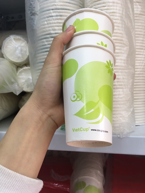 50 cốc giấy dùng 1 lần đựng trà, cà phê 12oz dài in xanh