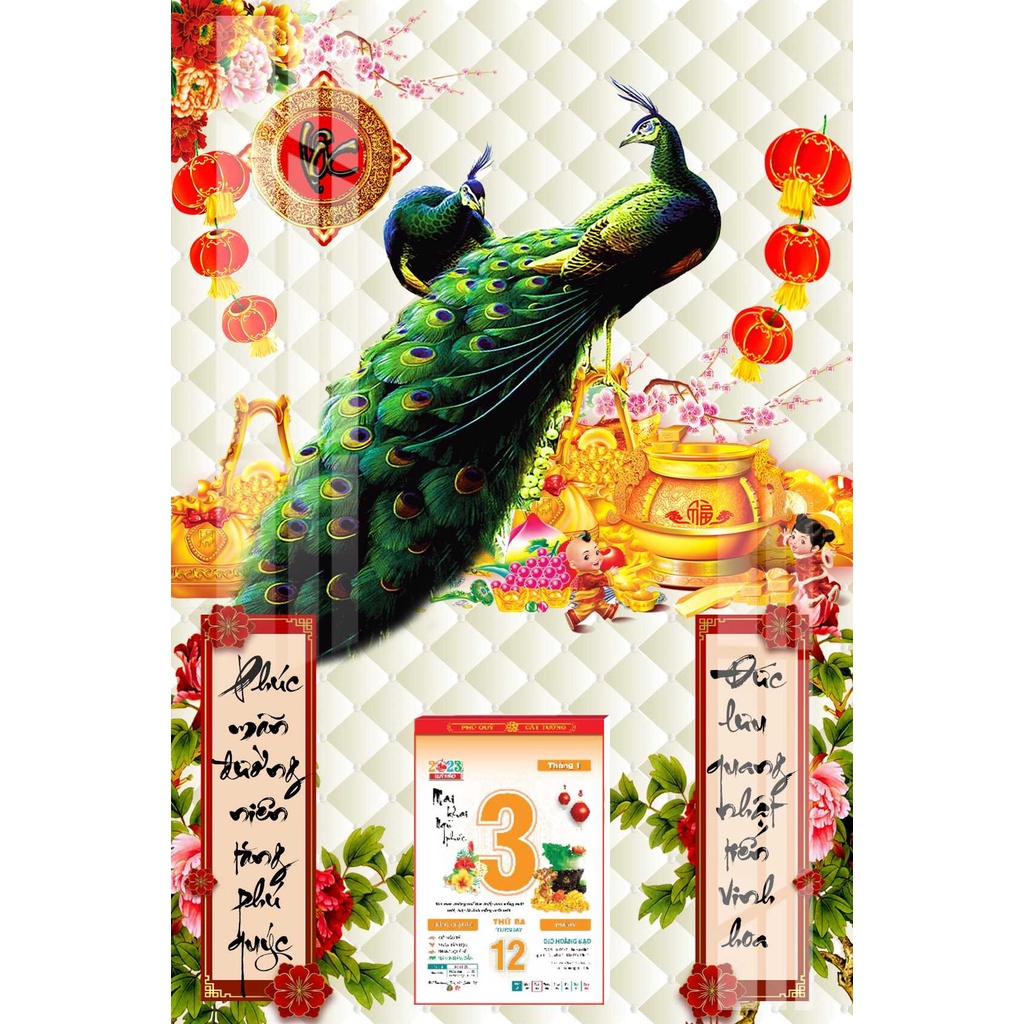 Lịch Gỗ Treo Tường Laminate Tráng Gương 2023 (40x60cm) - Chim Công 01