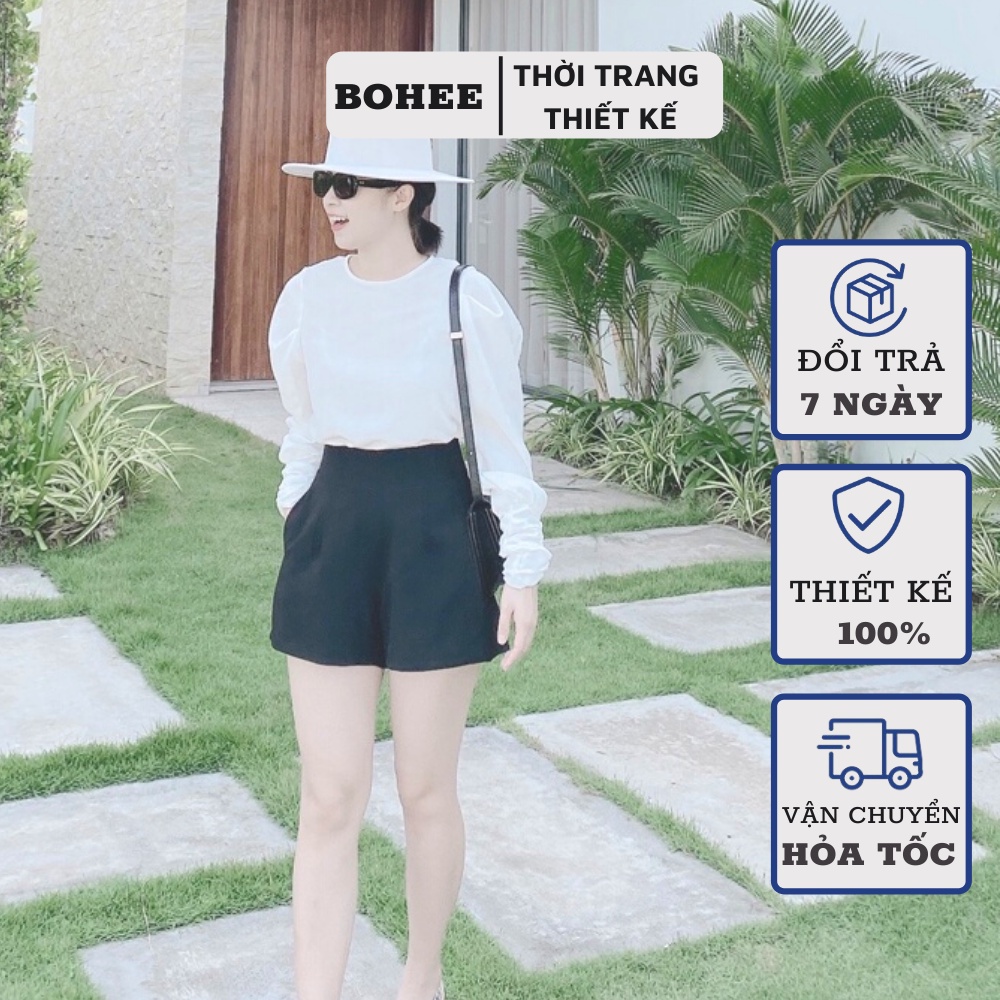 Quần short đùi nữ cạp cao ống rộng lưng cao chất liệu tuyết mưa BOHEE Q17