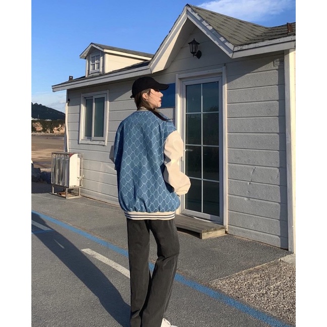 Varsity jacket bomber nỉ phối viền hoạ tiết thân ( Có ảnh thật )