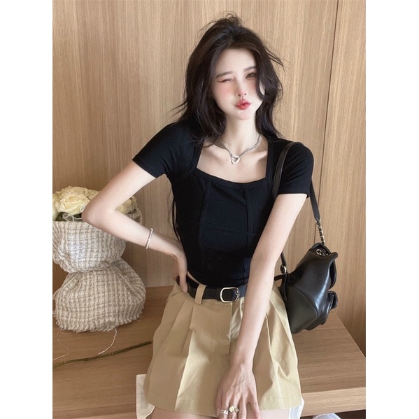 Áo thun croptop vạc bầu ngắn tay, Áo phông ngắn tay , áo thun trơn cổ vuông dáng ôm body nhiều màu freesize Gb