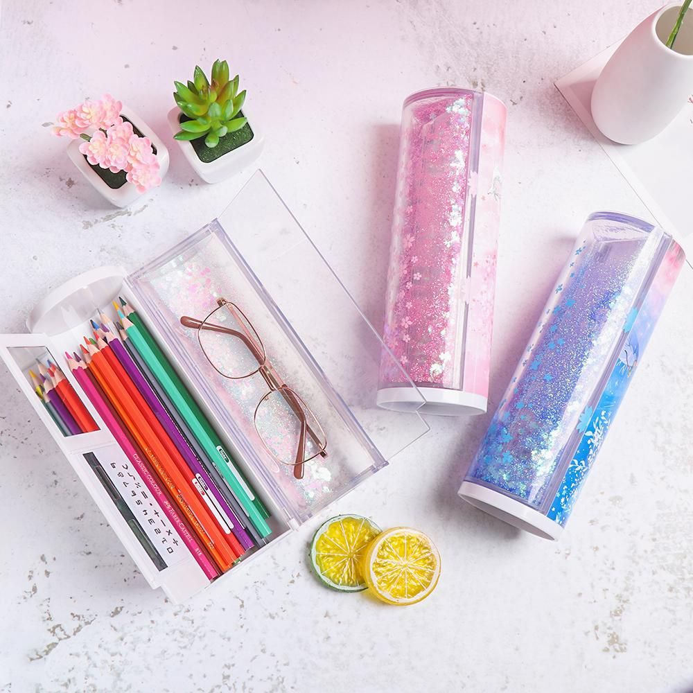 ❀WISDOMEST❀ Quicksand Mờ Sáng tạo Đa chức năng Hộp đựng bút chì hình trụ 2020 trường học Văn phòng phẩm Giá đỡ bút Màu hồng Máy tính màu xanh