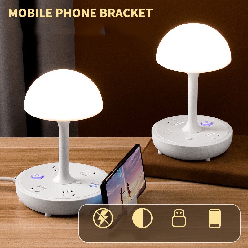 Đèn ngủ để bàn hình nấm tích hợp ổ cắm đa năng, sac USB, type C, giá đỡ điện thoại thông minh tiện dụng Ráp