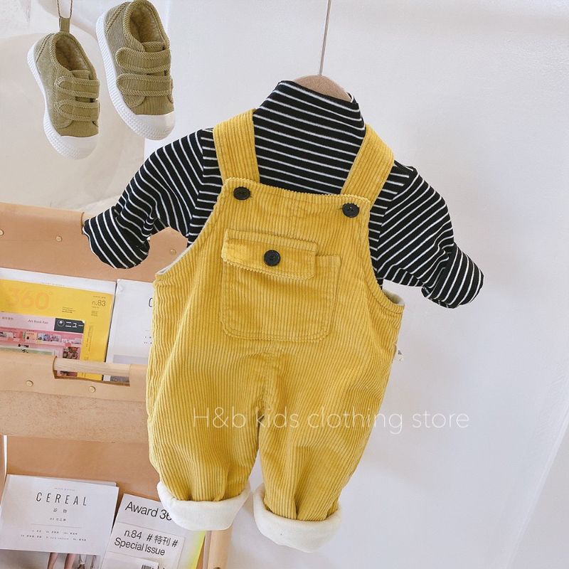 Yếm nhung tăm phối áo kẻ zip hàn siêu cute cho bé yêu