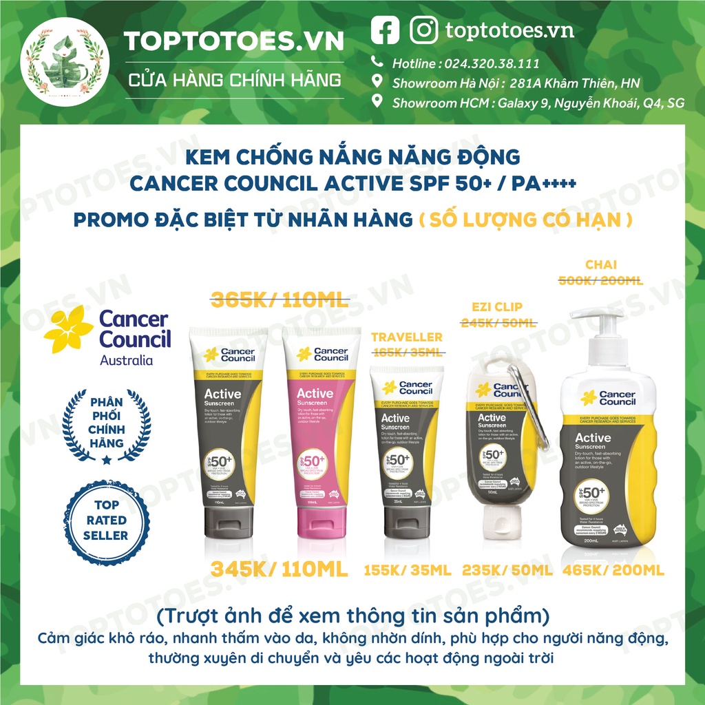 Kem chống nắng Năng động Cancer Council Active SPF 50+/ PA ++++