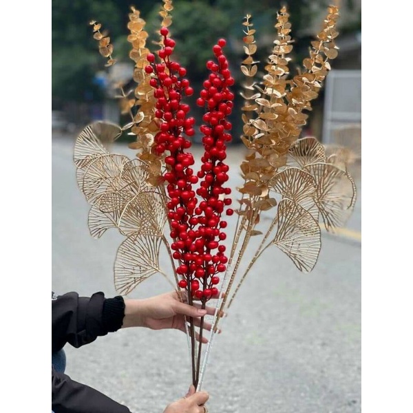 Cành lá rẻ quạt, cành táo, cành đuôi cong, cành tim phủ nhũ vàng decor siêu đẹp