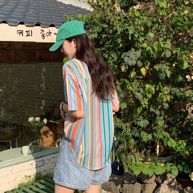 SUXI Áo sơ mi tay ngắn dáng rộng kẻ sọc màu cầu vồng thiết kế thời trang mùa hè cho nữ