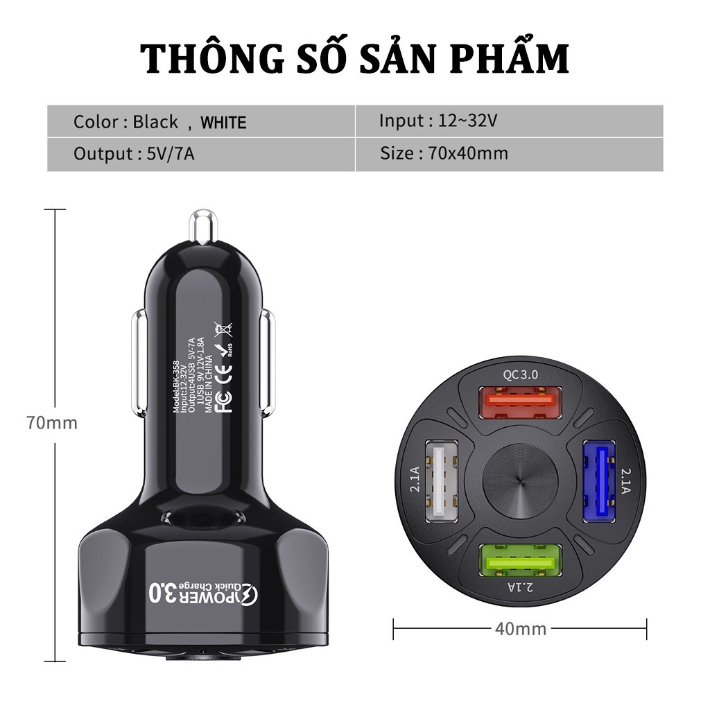 Tẩu Sạc USB Trên Ô Tô - Chia 4 Cổng USB,Có 1 Cổng Quick Sạc Nhanh 3.0 Tiện Lợi - Ver 2