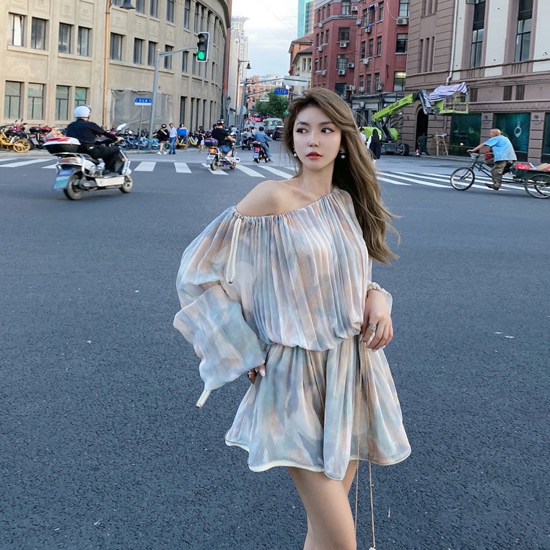 Đầm Ngắn Trễ Vai Thiết Kế Xếp Ly Thời Trang Xuân Hè Cho Nữ