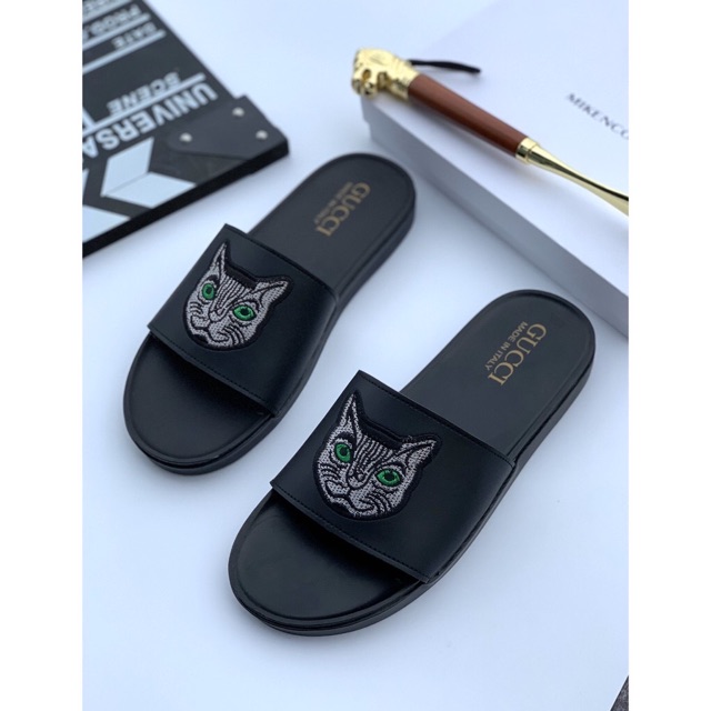 Dép da nam logo mèo đế hộp (free ship)