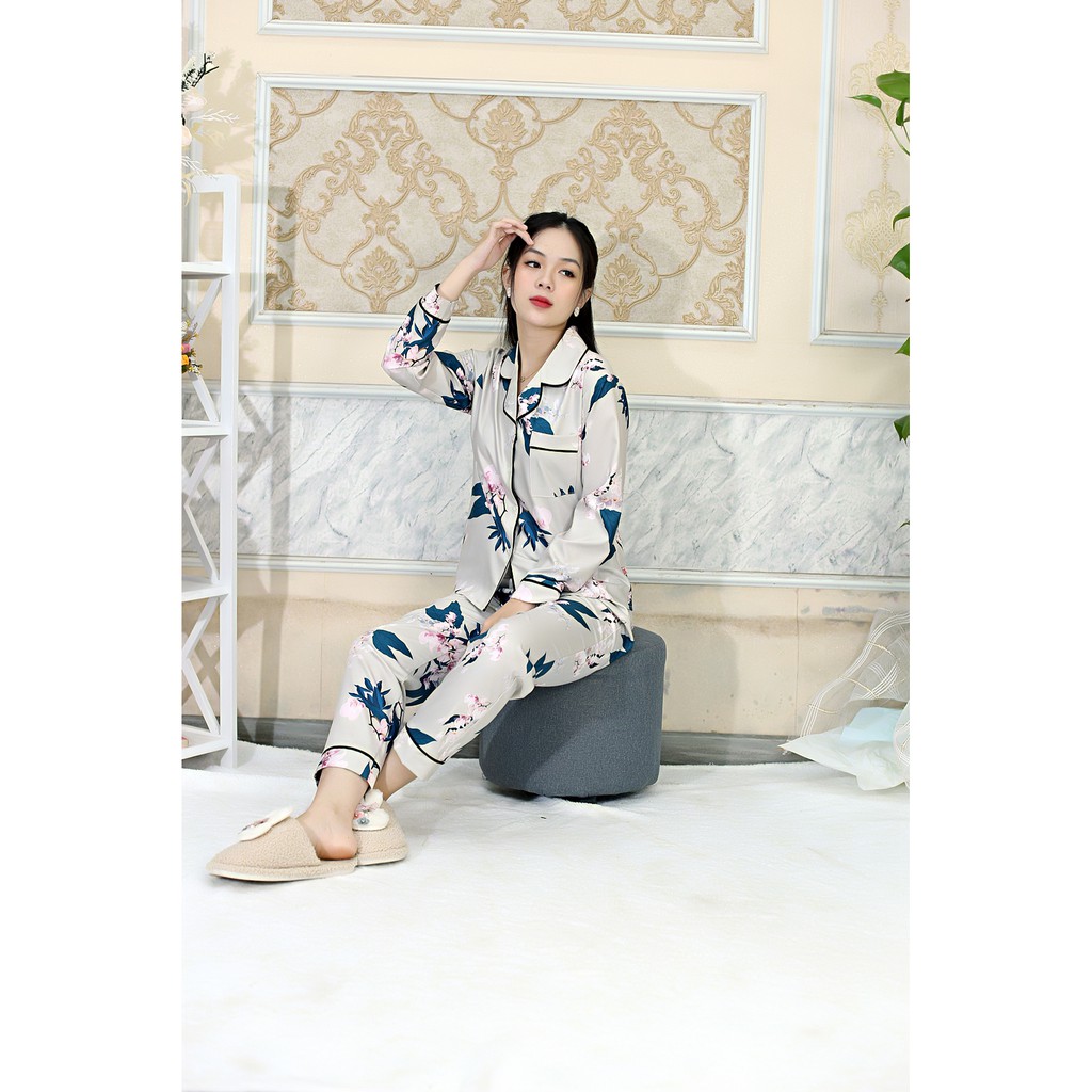 [HÌNH THẬT 100%] Bộ đồ Pijama nữ dài họa tiết XÁM LÁ HOA LÁ XANH - vải siêu lụa cao cấp - Cực Kì Sang Chảnh