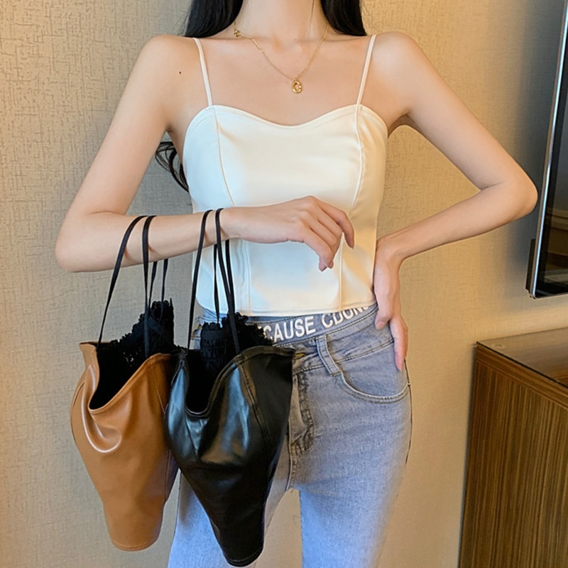 Brroa Áo Croptop Giả Da Hai Dây Cổ Thấp Có Đệm Ngực Gợi Cảm