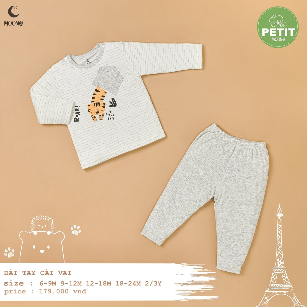 [CHÍNH HÃNG] Bộ dài tay cài vai petit mềm mại họa tiết động vật trẻ em Moon