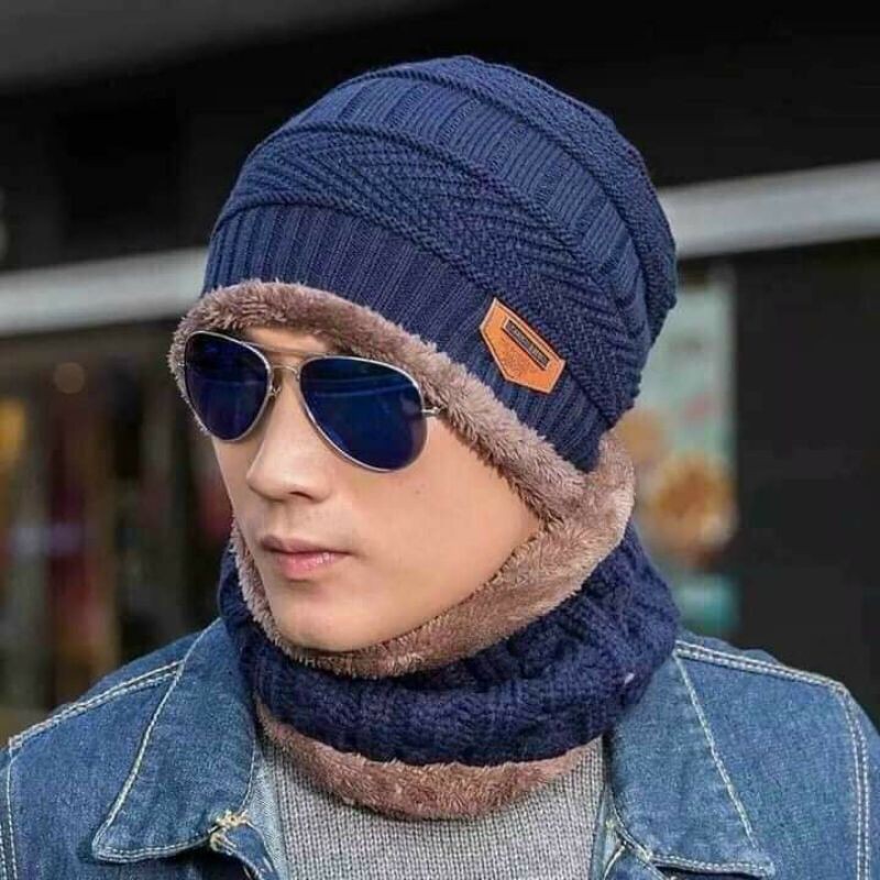 Set mũ kèm khăn len lót lông