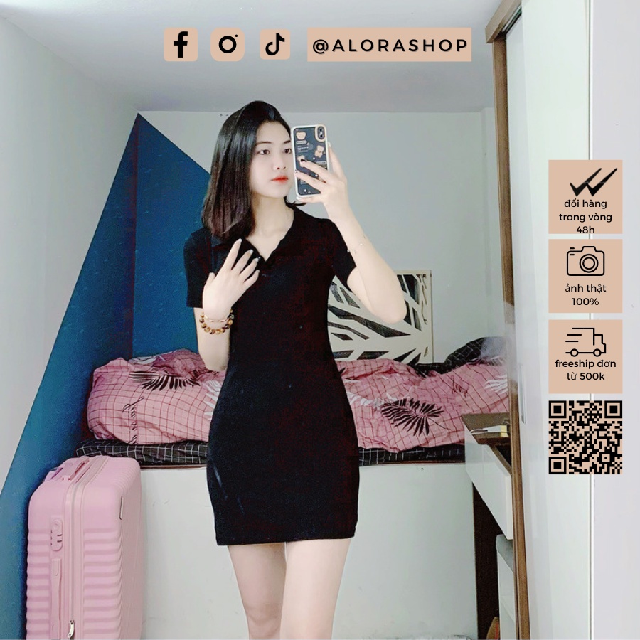 Váy nữ polo, đầm nữ cổ bẻ chất cotton zip dáng ôm ngắn tay hồng, đen freesize thời trang nữ Alora | BigBuy360 - bigbuy360.vn