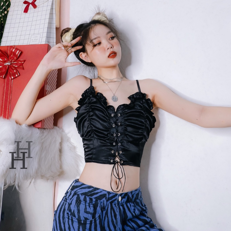 Áo croptop ngắn đan dây viền bèo màu đen &amp; trắng HAC141 Hỉn Hỉn Store