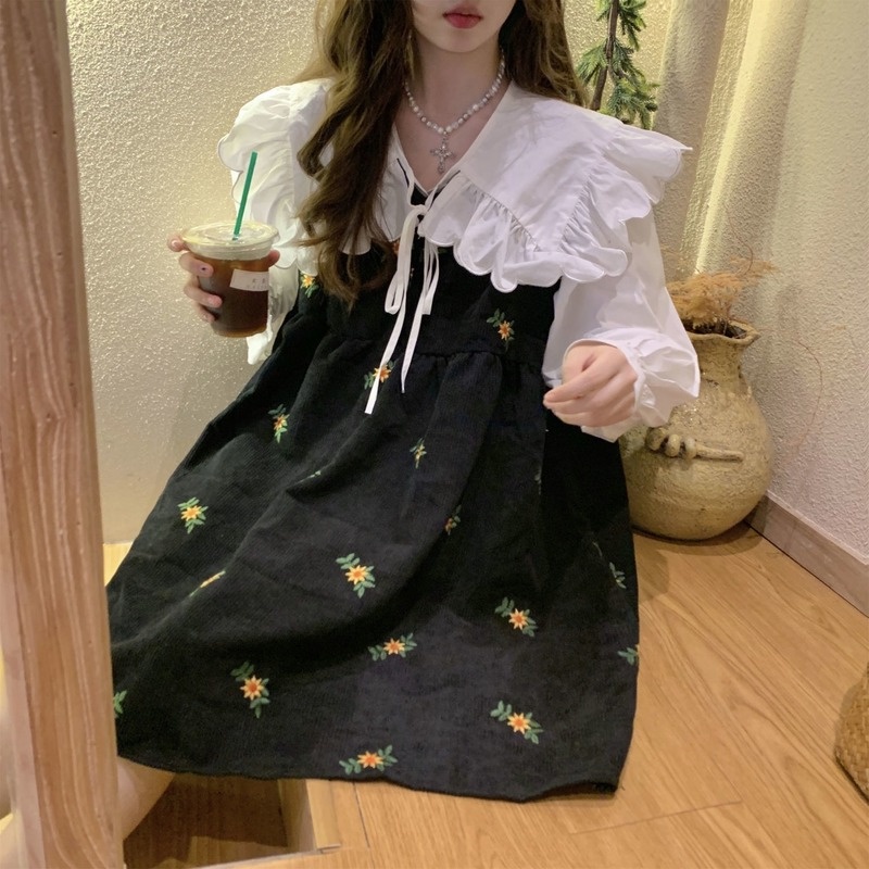 Set Đầm Hoa Và Áo Sơ Mi Cổ Búp Bê Thời Trang Nữ Tính Mới