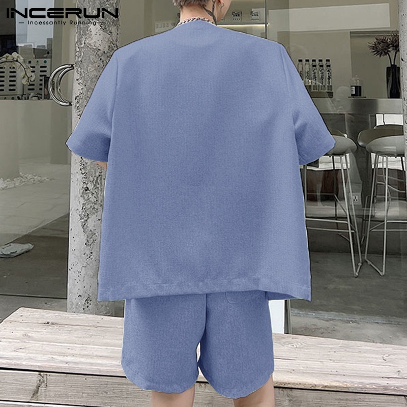 Bộ quần áo INCERUN gồm áo ngắn tay cổ tròn và quần đùi dây rút cho nam