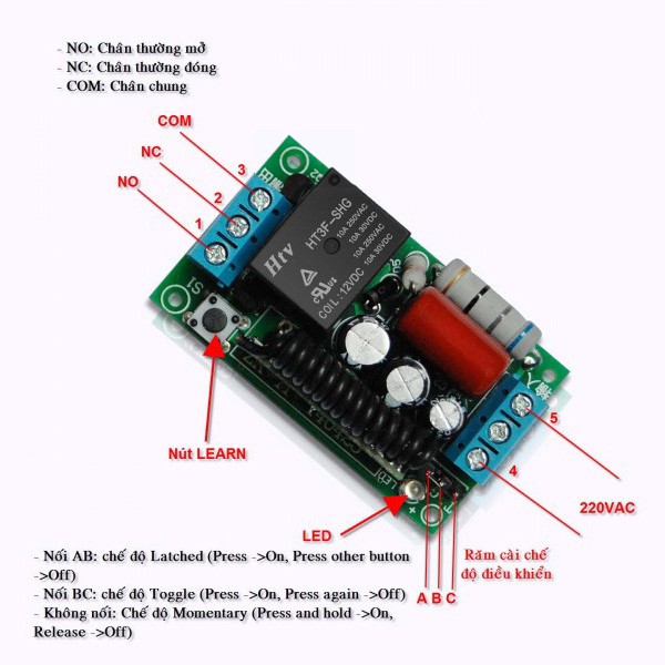 Mạch công tắc điều khiển từ xa 1 cổng học lệnh RF 3 chế độ 220VAC