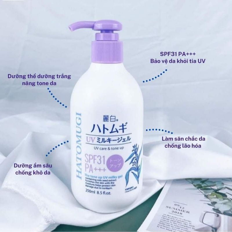 Dưỡng thể Hatomugi ý dĩ milky gel UV care & tone up SPF 31 PA +++ 250ml Nội địa Nhật mẫu mới nhất