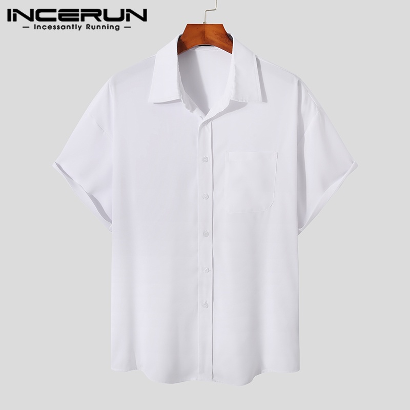 Áo sơ mi INCERUN ngắn tay màu trơn cài nút thời trang đi biển dành cho nam