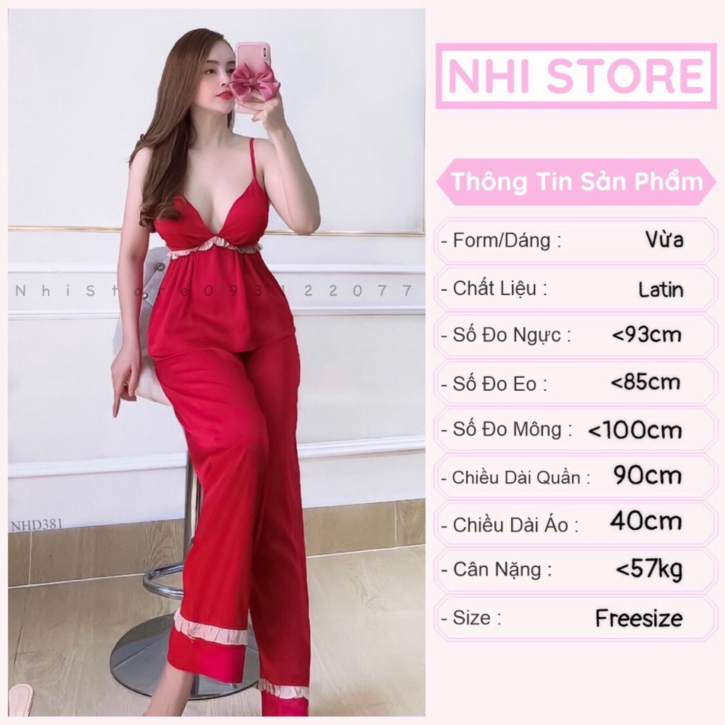 (freeship 50k) Bộ Lụa Mặc Nhà Nhistore Quần Dài Ống Suông Áo 2 Dây Cúp Ngực Sexy Freesize Dưới 57kg