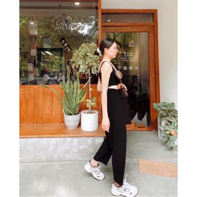 Quần baggy công sở nữ cạp lưng cao 2 cúc khuy vải 1 ly màu Đen-Quần tây nữ công sở dài ống đứng đi học