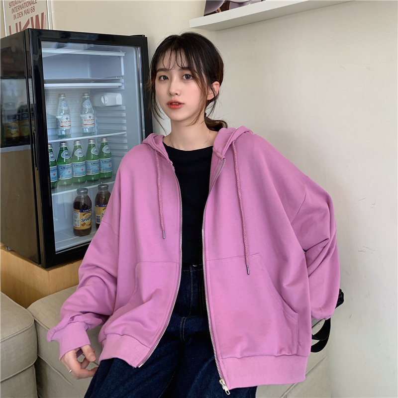 Áo khoác khóa kéo có mũ trùm đầu dài tay phong cách Hàn Quốc cho nữ