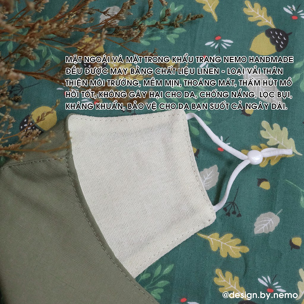 Khẩu Trang Vải Linen 3 lớp Nemo , lọc bụi chống nắng, kháng khuẩn, có nút tăng giảm dây khẩu trang - KTFL