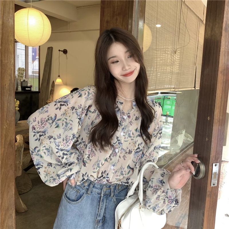 Áo Sơ Mi Chiffon Cổ Tròn Dài Tay Dáng Rộng In Hoa Thời Trang Sành Điệu 54584