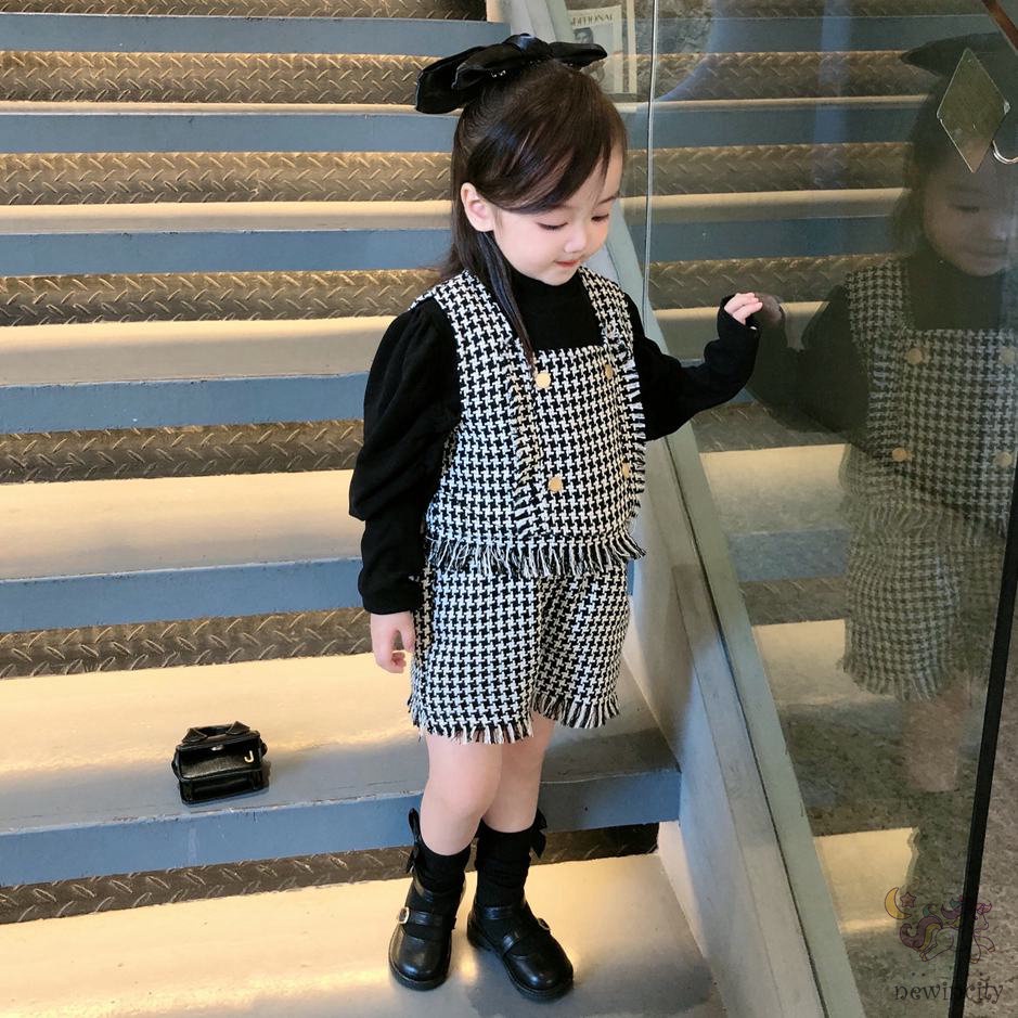 Bộ áo sát nách + quần short kẻ sọc phối tua rua thời trang thu đông cho bé gái