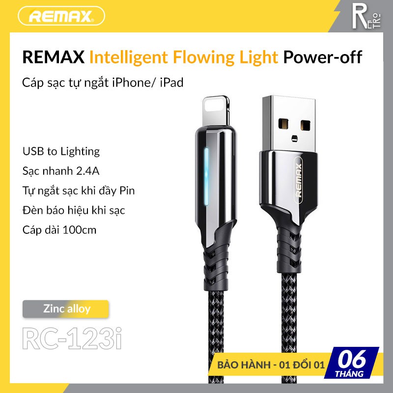 | Chính Hãng Remax | Cáp Sạc Nhanh iPhone / iPad Tự Ngắt Điện Khi Sạc Đầy Pin Cho iPhone 6/ 7/ 8/ iPad (2.4A, Sạc Nhanh)