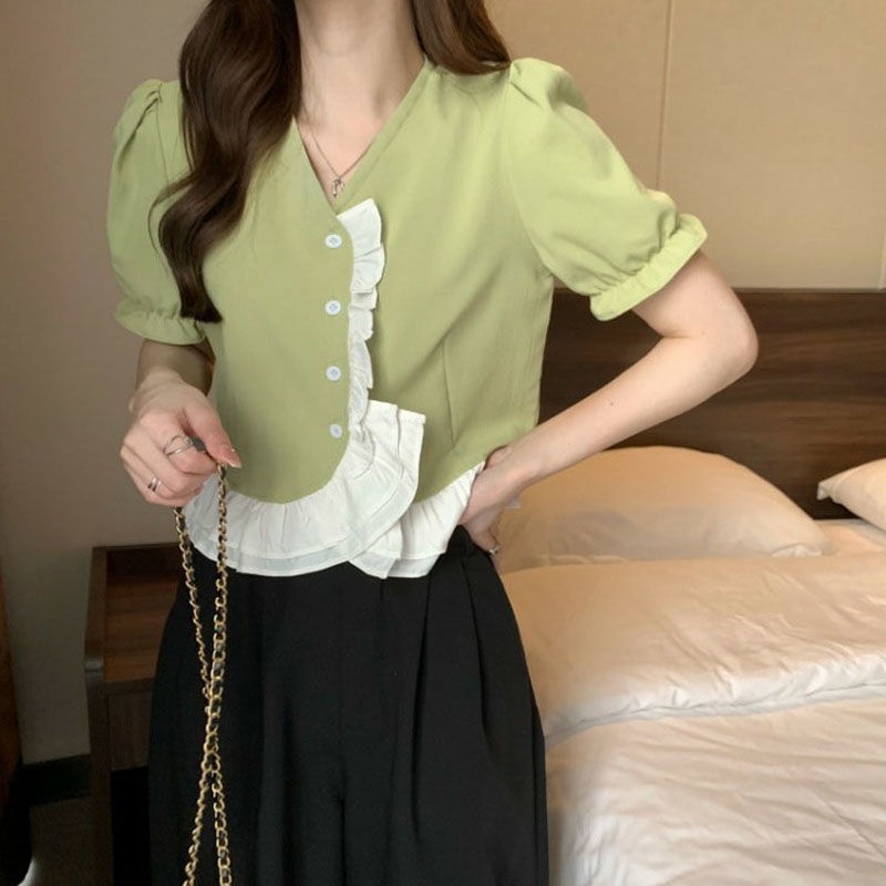 Áo Kiểu Tay Phồng Cổ Chữ V Thời Trang Mùa Hè Xinh Xắn Cho Nữ