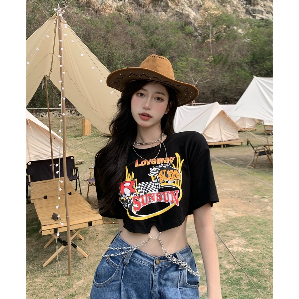 QKOOLE Áo thun ngắn nữ  ngắn tay in họa tiết phong cách Hàn Quốc