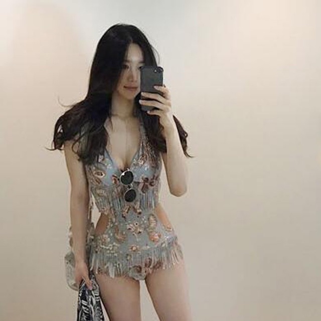 (Hà Nội có sẵn) Đồ bơi Bikini liền thân tua rua màu xanh